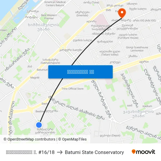 აღმაშენებლის ქ. #16/18 to Batumi State Conservatory map