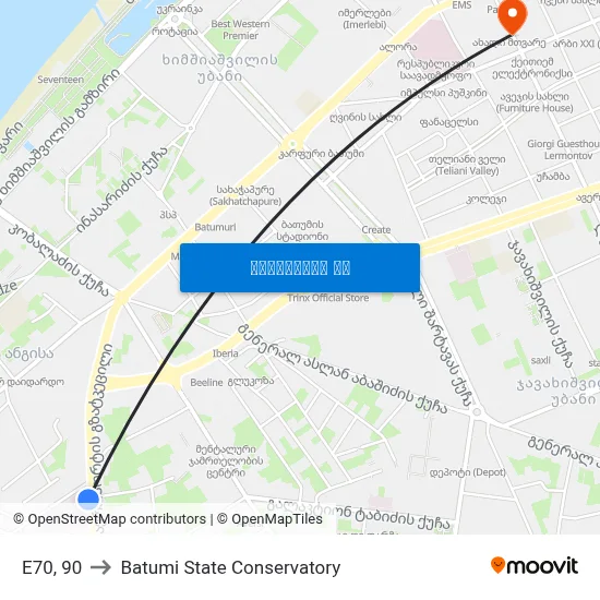 E70, 90 to Batumi State Conservatory map