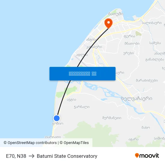 E70, N38 to Batumi State Conservatory map