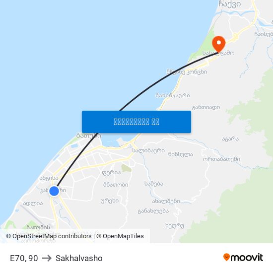 E70, 90 to Sakhalvasho map