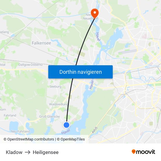 Kladow to Heiligensee map