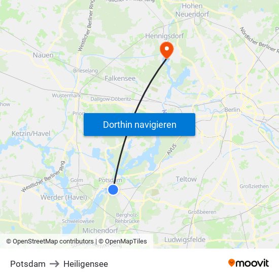 Potsdam to Heiligensee map