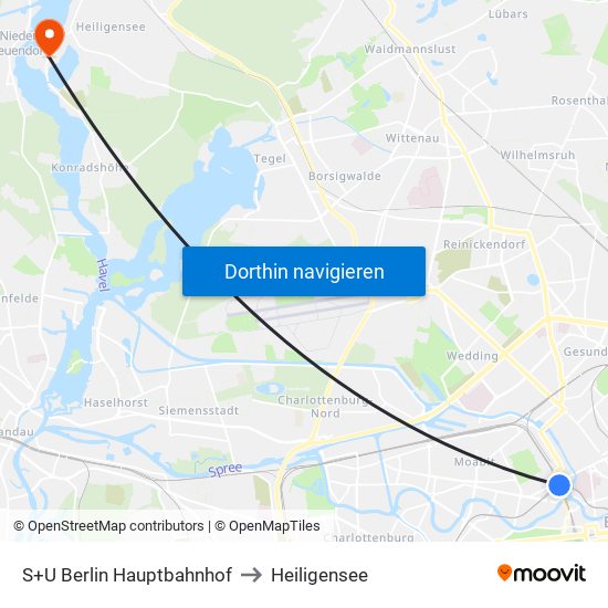 S+U Berlin Hauptbahnhof to Heiligensee map