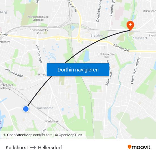 Karlshorst to Hellersdorf map