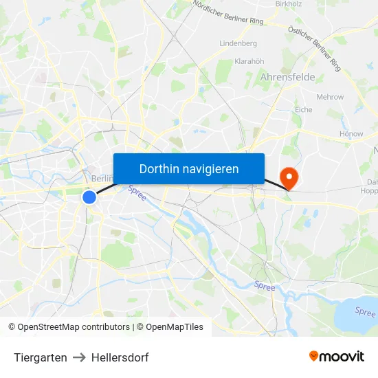 Tiergarten to Hellersdorf map