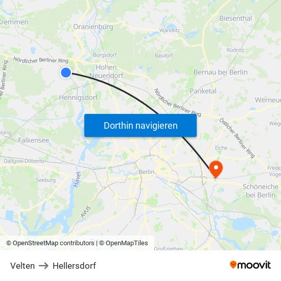 Velten to Hellersdorf map