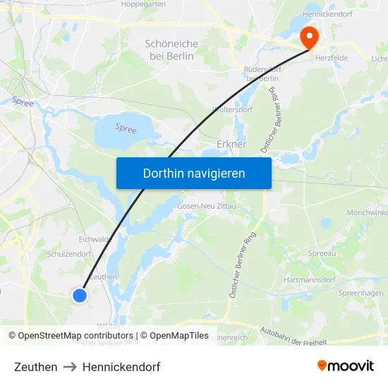 Zeuthen to Hennickendorf map