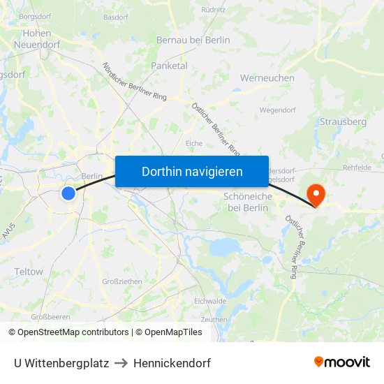 U Wittenbergplatz to Hennickendorf map