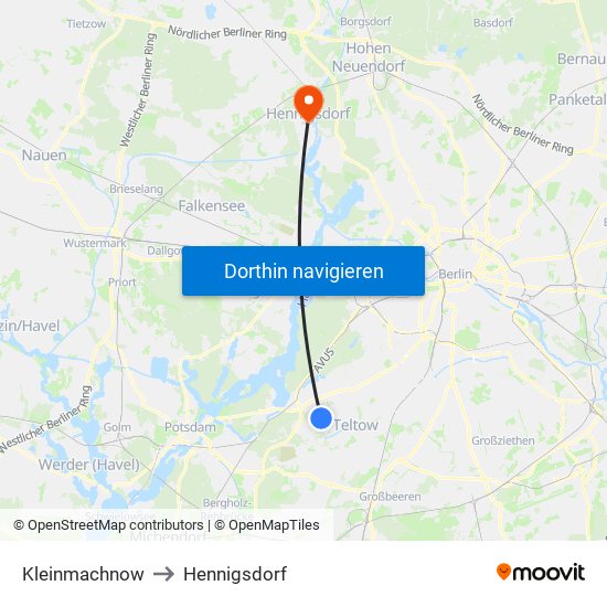 Kleinmachnow to Hennigsdorf map