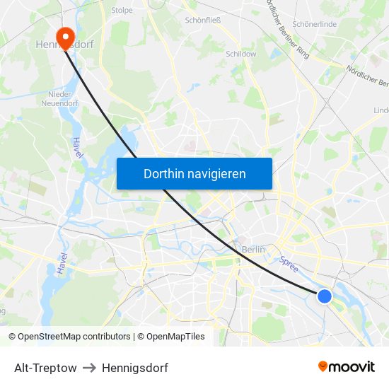 Alt-Treptow to Hennigsdorf map