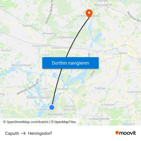 Caputh to Hennigsdorf map