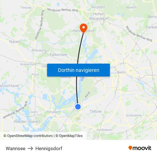 Wannsee to Hennigsdorf map