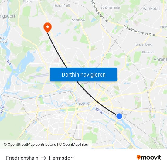 Friedrichshain to Hermsdorf map