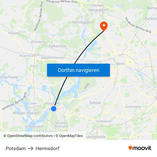 Potsdam to Hermsdorf map