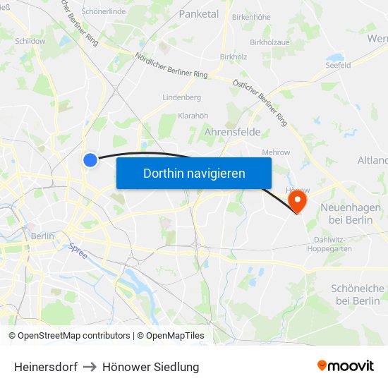 Heinersdorf to Hönower Siedlung map