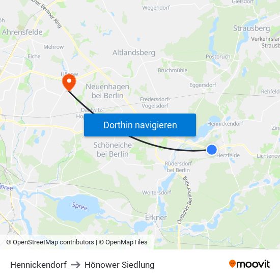 Hennickendorf to Hönower Siedlung map