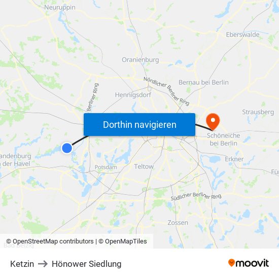 Ketzin to Hönower Siedlung map
