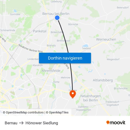 Bernau to Hönower Siedlung map