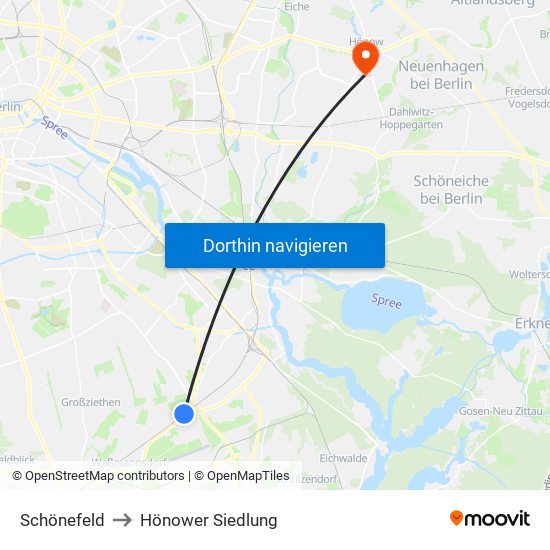 Schönefeld to Hönower Siedlung map