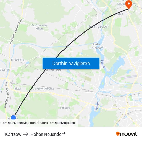 Kartzow to Hohen Neuendorf map