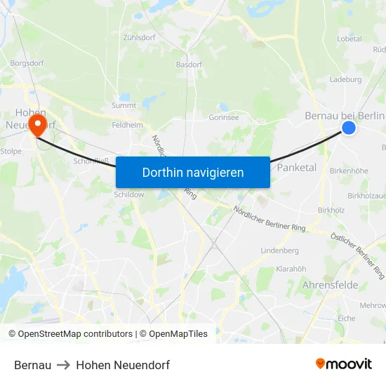 Bernau to Hohen Neuendorf map