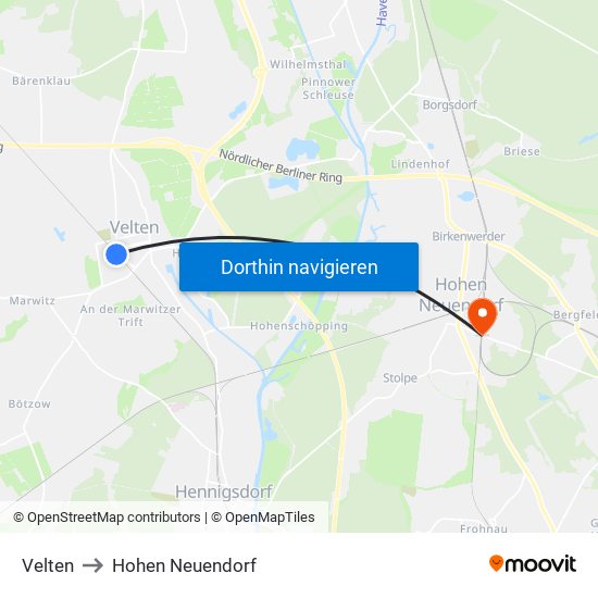 Velten to Hohen Neuendorf map