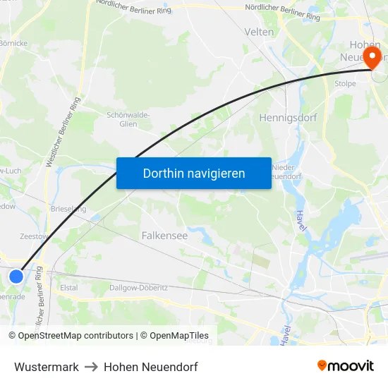 Wustermark to Hohen Neuendorf map