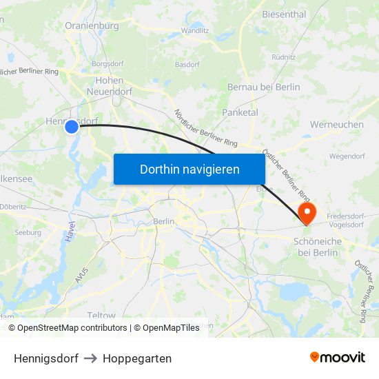 Hennigsdorf to Hoppegarten map