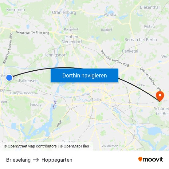 Brieselang to Hoppegarten map