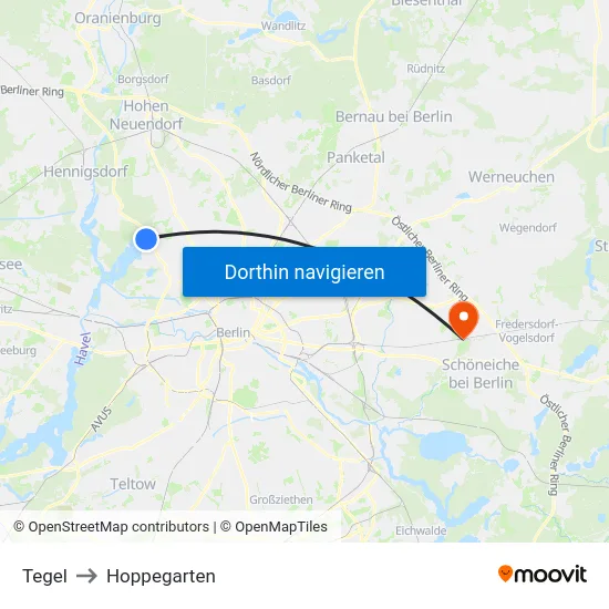Tegel to Hoppegarten map