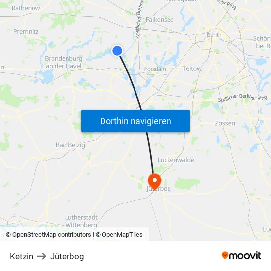 Ketzin to Jüterbog map