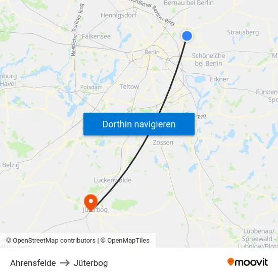 Ahrensfelde to Jüterbog map