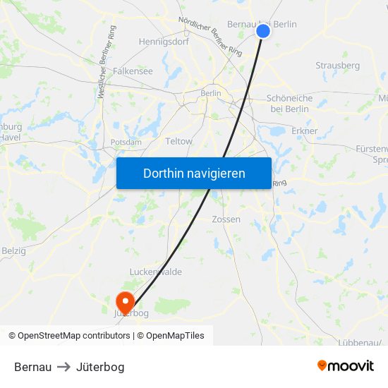 Bernau to Jüterbog map