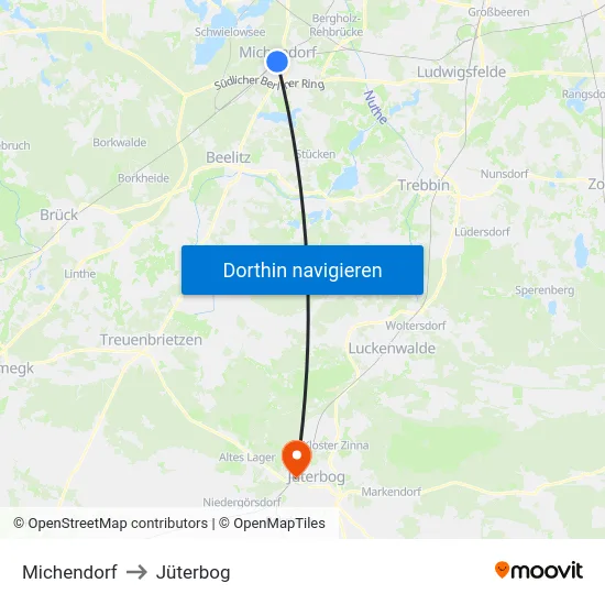 Michendorf to Jüterbog map
