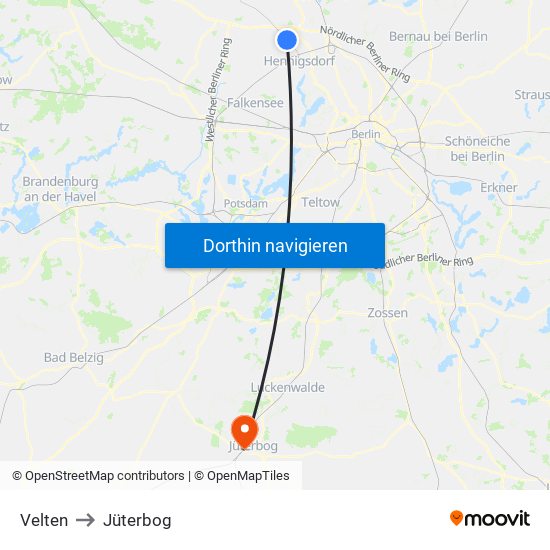 Velten to Jüterbog map