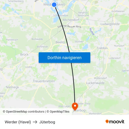 Werder (Havel) to Jüterbog map