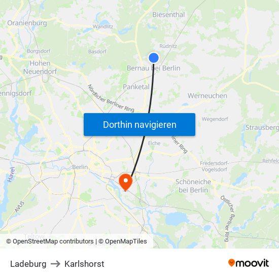 Ladeburg to Karlshorst map
