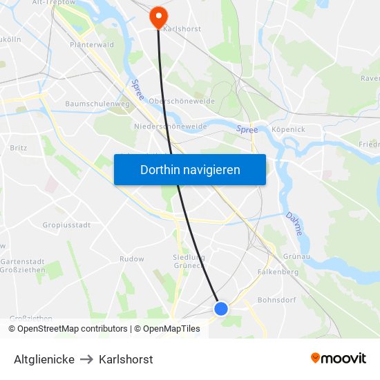 Altglienicke to Karlshorst map