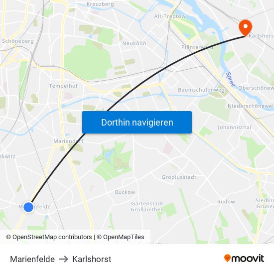 Marienfelde to Karlshorst map