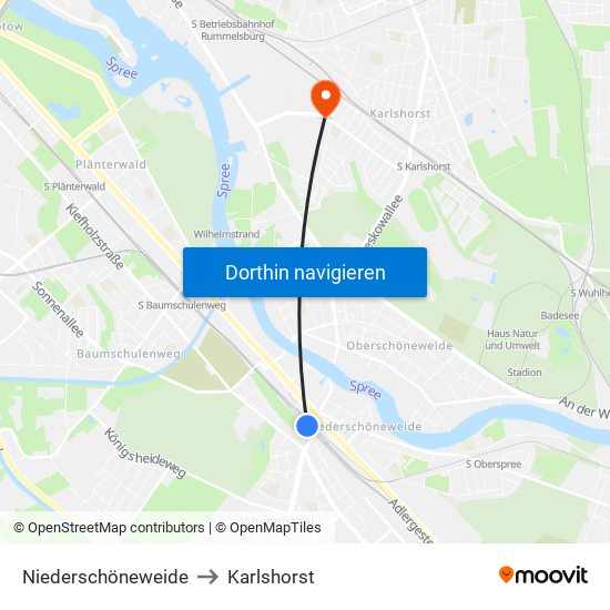 Niederschöneweide to Karlshorst map