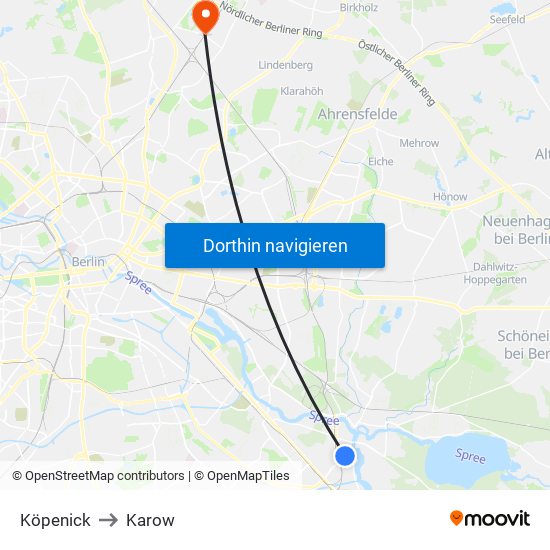 Köpenick to Karow map