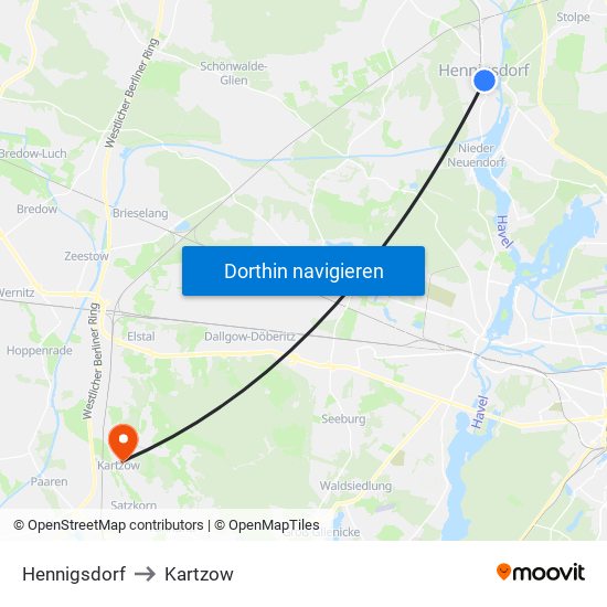 Hennigsdorf to Kartzow map