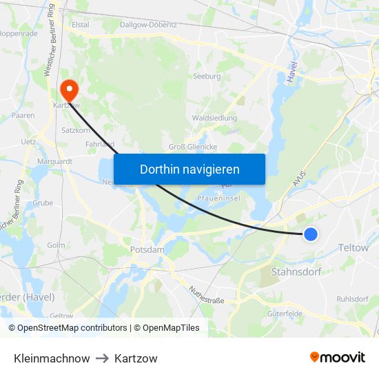 Kleinmachnow to Kartzow map