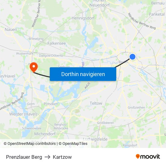Prenzlauer Berg to Kartzow map