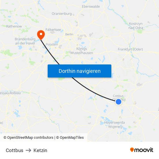 Cottbus to Ketzin map