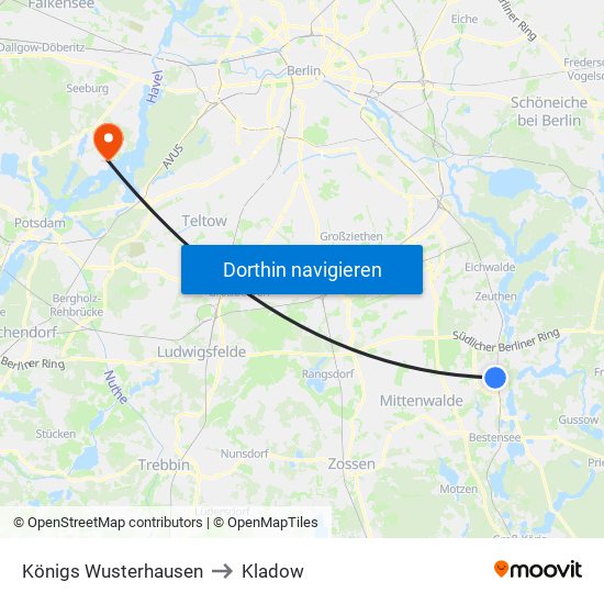 Königs Wusterhausen to Kladow map