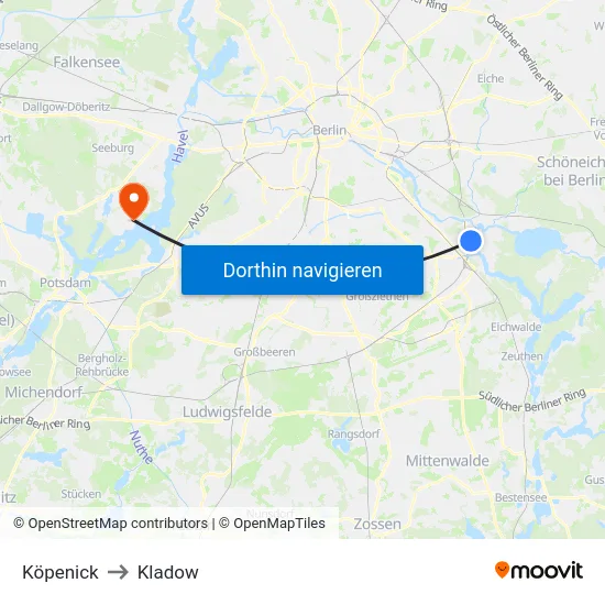 Köpenick to Kladow map