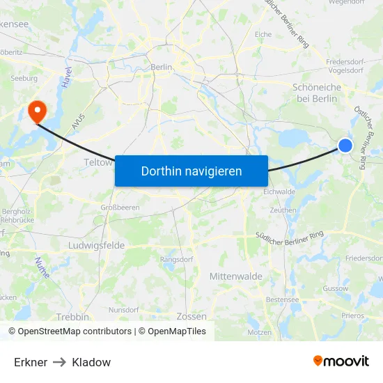 Erkner to Kladow map