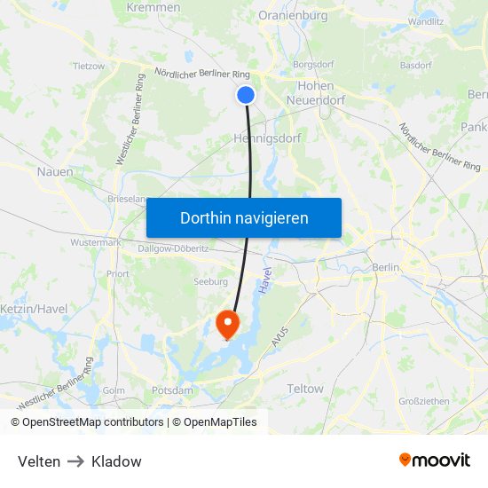 Velten to Kladow map