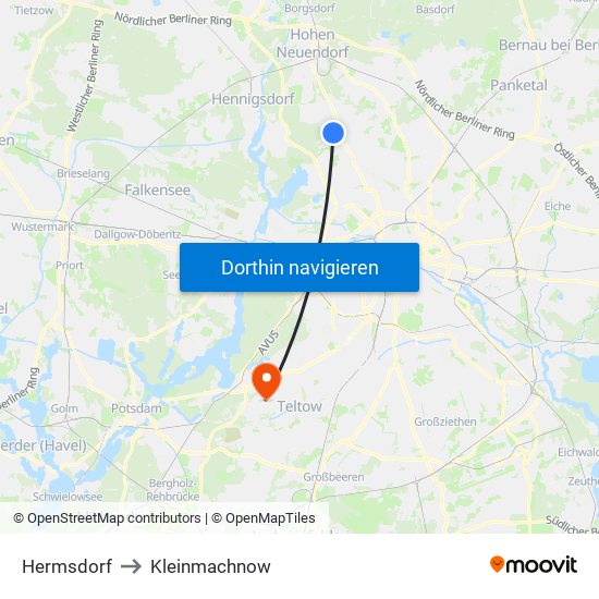 Hermsdorf to Kleinmachnow map